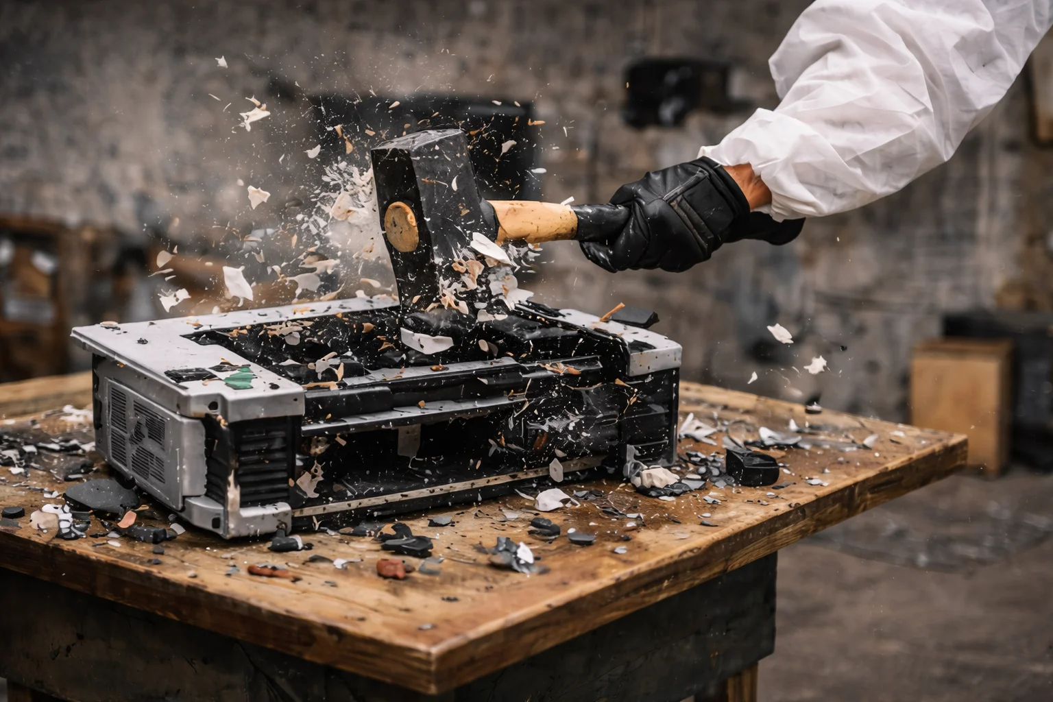 Golpeando con un martillo a una impresora encima de una mesa